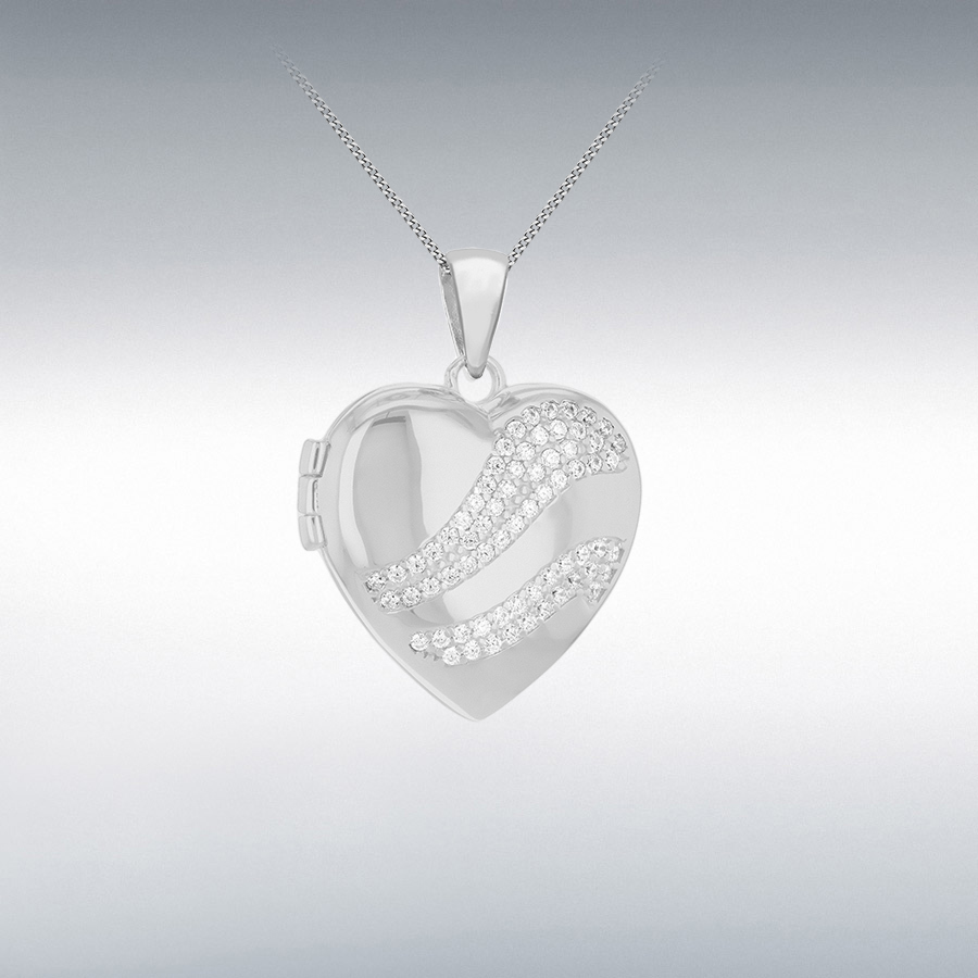 Sterling Silver Rhodium Plated 19mm x 25mm Heart with CZ Locket Pendant