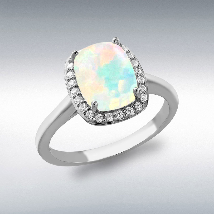Sterling Silver Rhodium Plated Rectangle Synthetic Opal and White CZ 10mm x 11mm Halo Ring