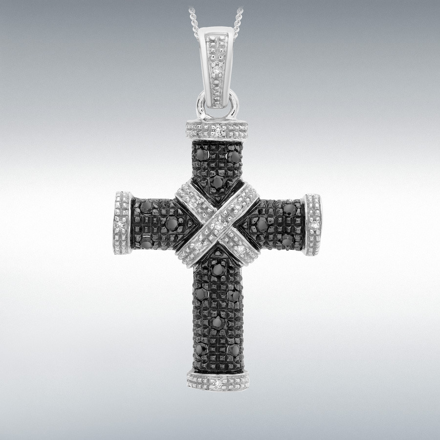 9ct White Gold 0.25ct Black and White Diamond 20mm x 34mm Cross Pendant