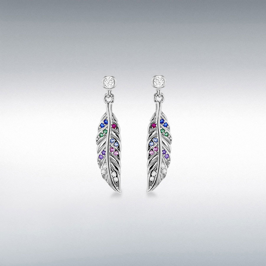 Sterling Silver Rhodium Plated Multi Coloured Round CZs Feather Stud Earrings