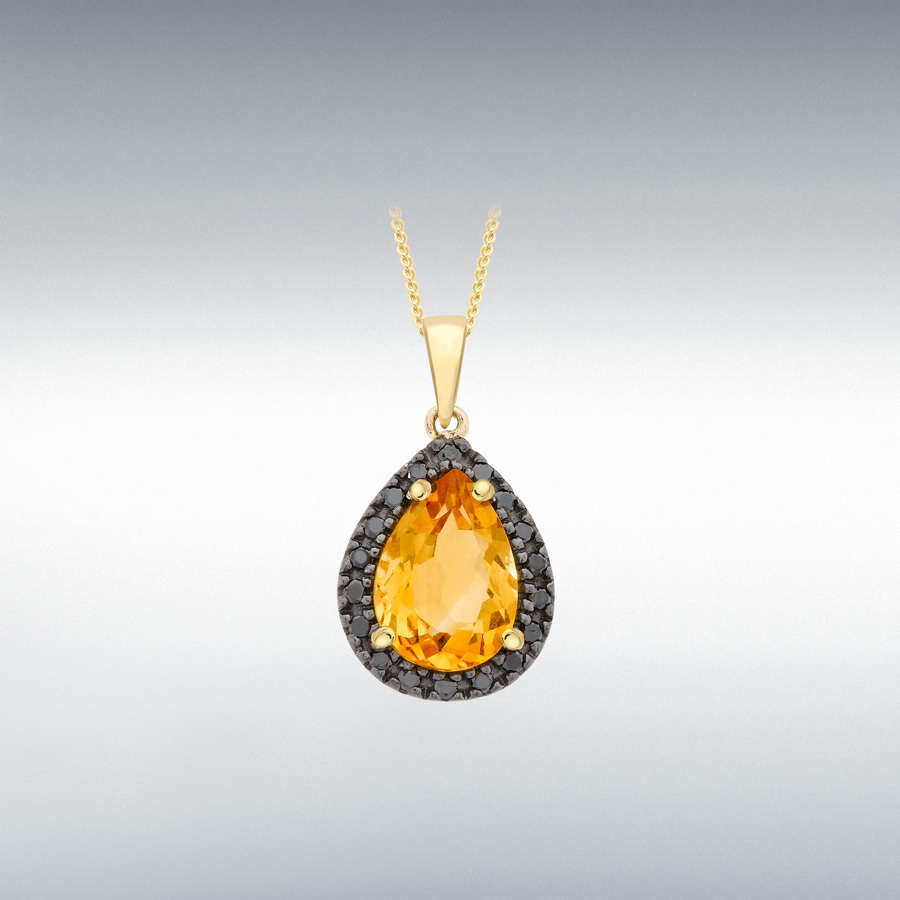 9ct Yellow Gold 0.13 Black Diamond and Teardrop Citrine 10mm x 15mm Pendant