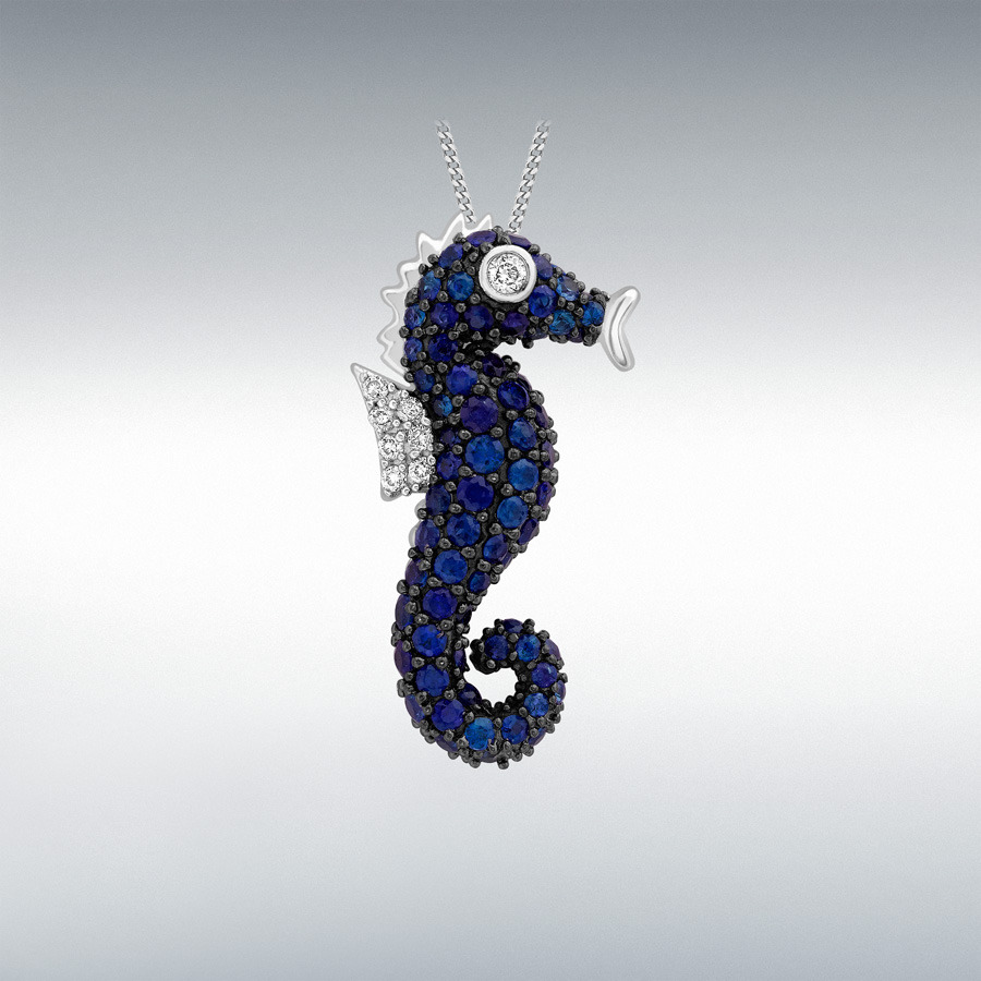 9ct White Gold 0.08ct Diamond and Sapphire 13mm x 25mm Seahorse Pendant