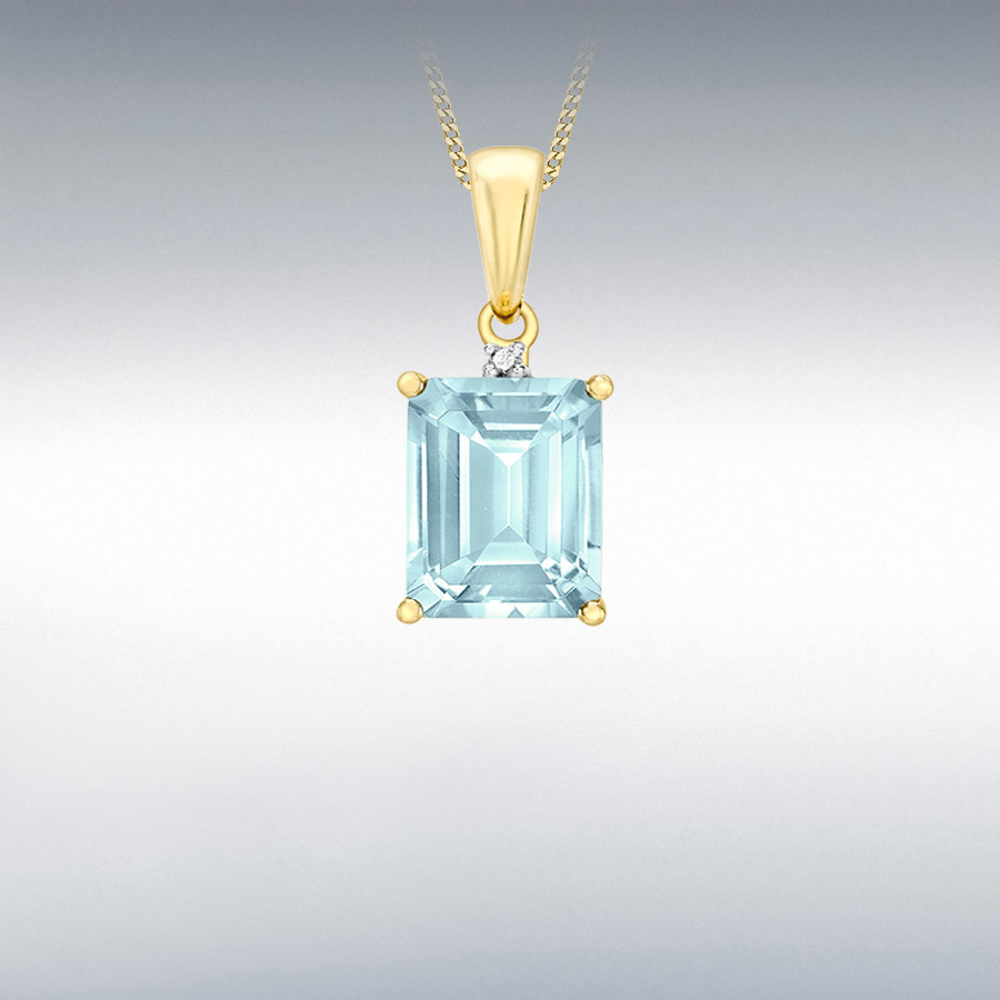 9ct Yellow Gold 0.005ct Diamond and 7mm x 9mm Blue Topaz 8mm x 17mm Pendant