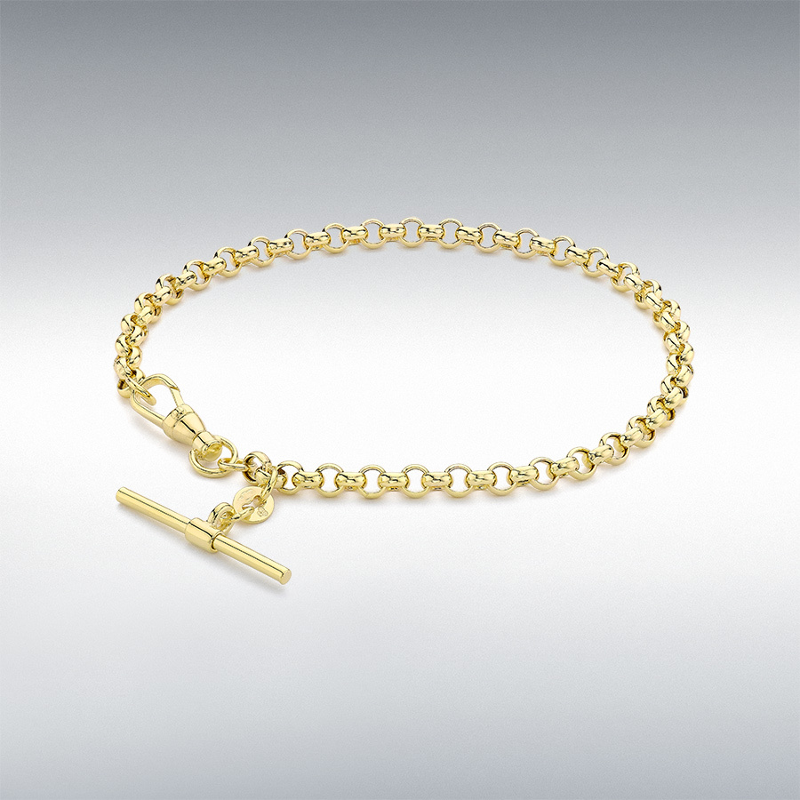 9ct Yellow Gold 25mm x 1.5mm T-Bar Belcher Chain Albert-Clasp Bracelet 19cm/7.5