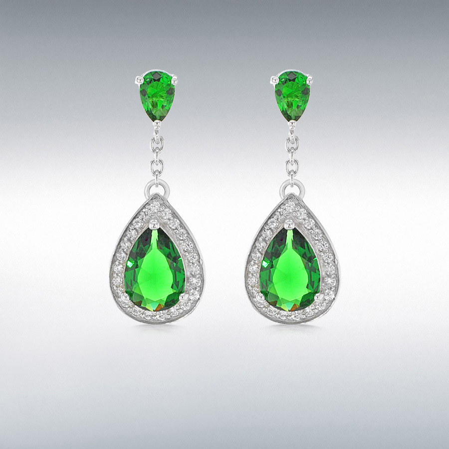 Sterling Silver Green and White CZ Teardrop Earrings