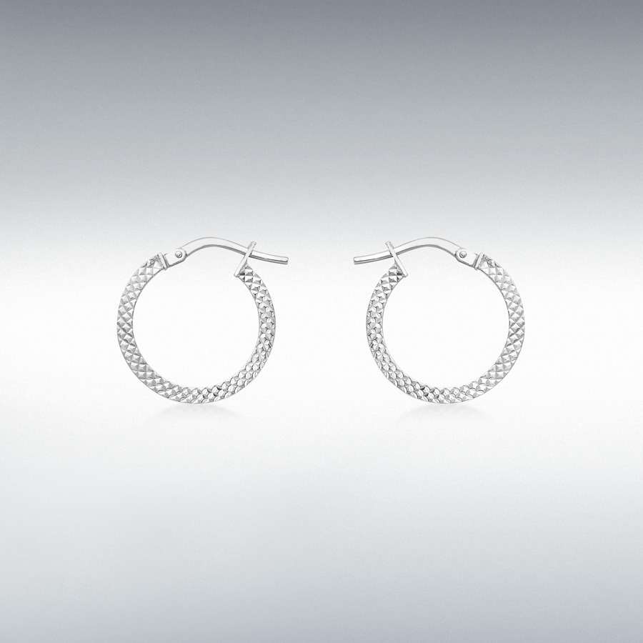 9ct White Gold 2mm Tube 15mm Cobra-Textured Hoop Creole Earrings