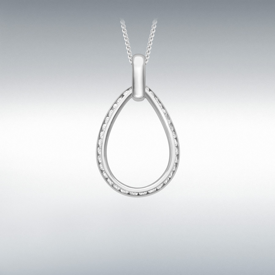 9ct White Gold Channel Set CZ 13mm x 23mm Outline-Teardrop Pendant