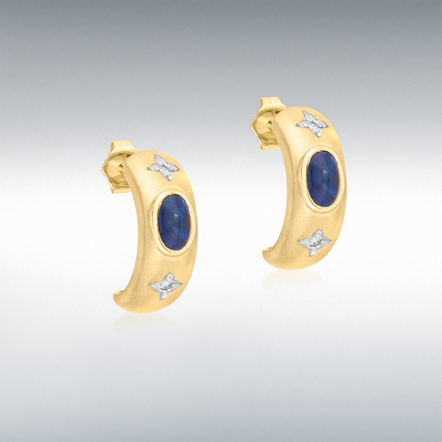 9ct Yellow Gold 0.04ct Diamond and Cabochon Sapphire Half-Hoop Earrings