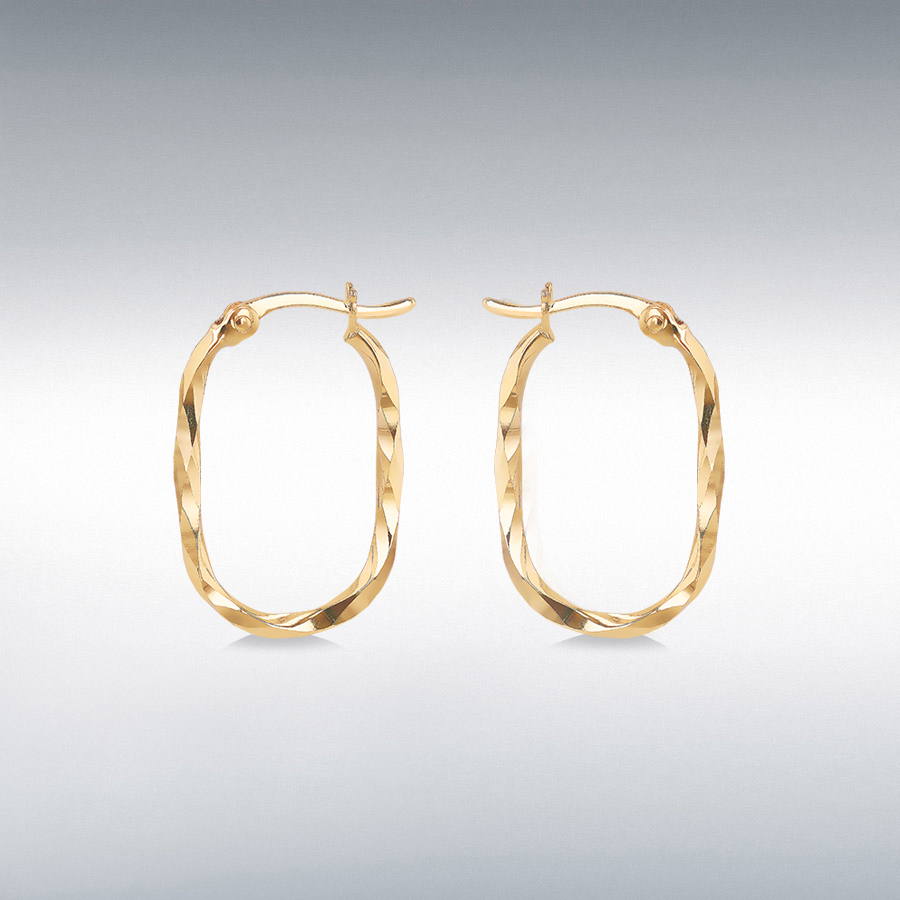 9CT Yellow Gold Twisted Oval Diamond Cut Hoop Earrings