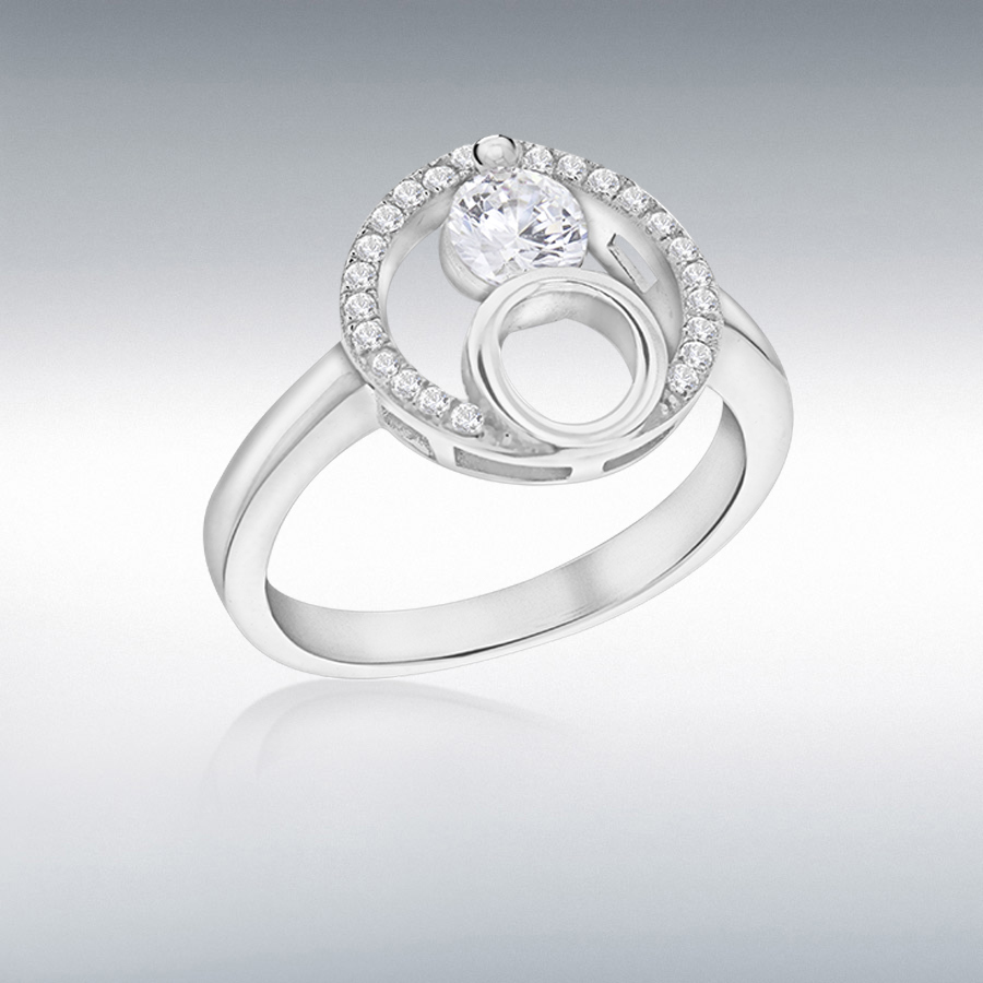 Sterling Silver Rhodium Plated CZ 12mm Double-Circle Ring
