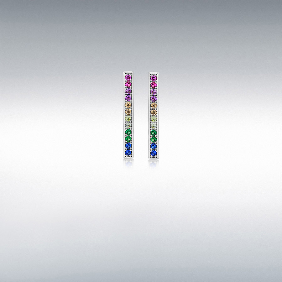 Sterling Silver Rhodium Plated Multi-Coloured CZ 2.4mm x 18.4mm Bar Stud Earrings