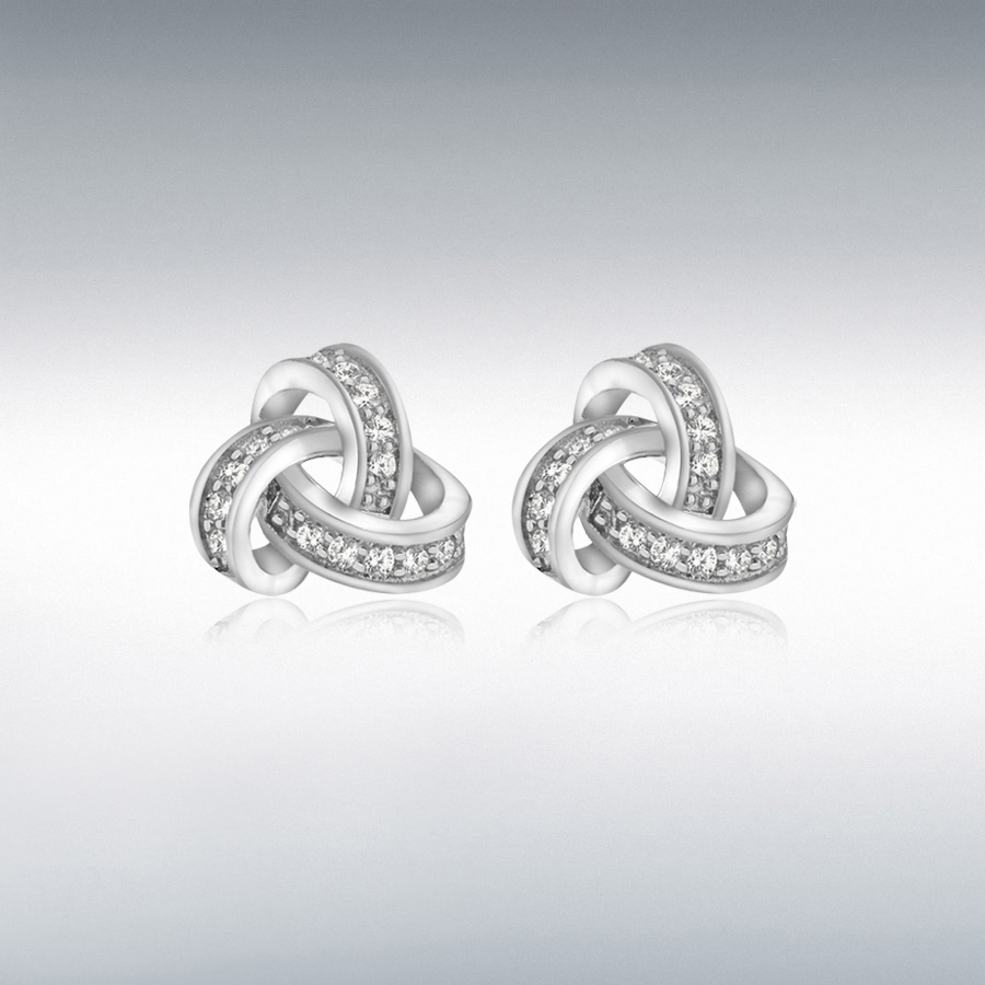 Sterling Silver Rhodium Plated CZ 10mm x 9.5mm Knot Earrings