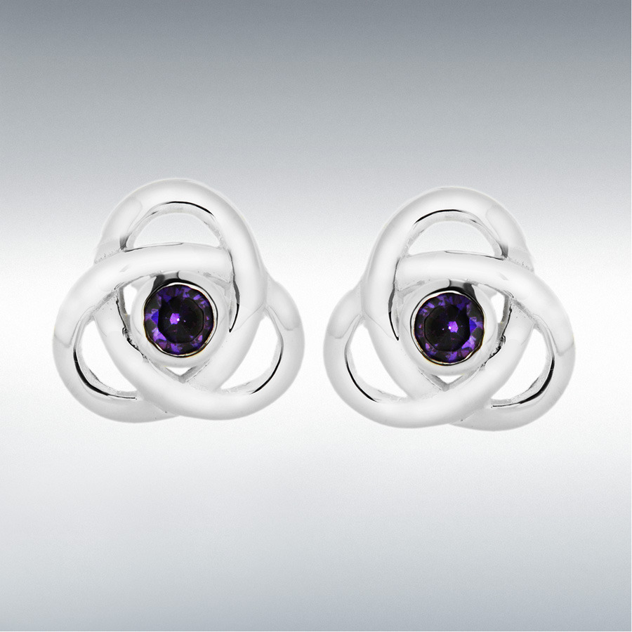 Sterling Silver 3mm Amethyst CZ 11mm x 11mm Knot Stud Earrings