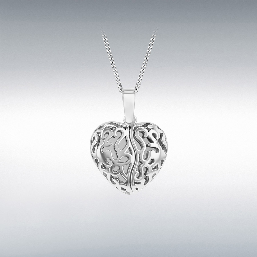 Sterling Silver Rhodium Plated Filigree Heart Open Wing Pendant