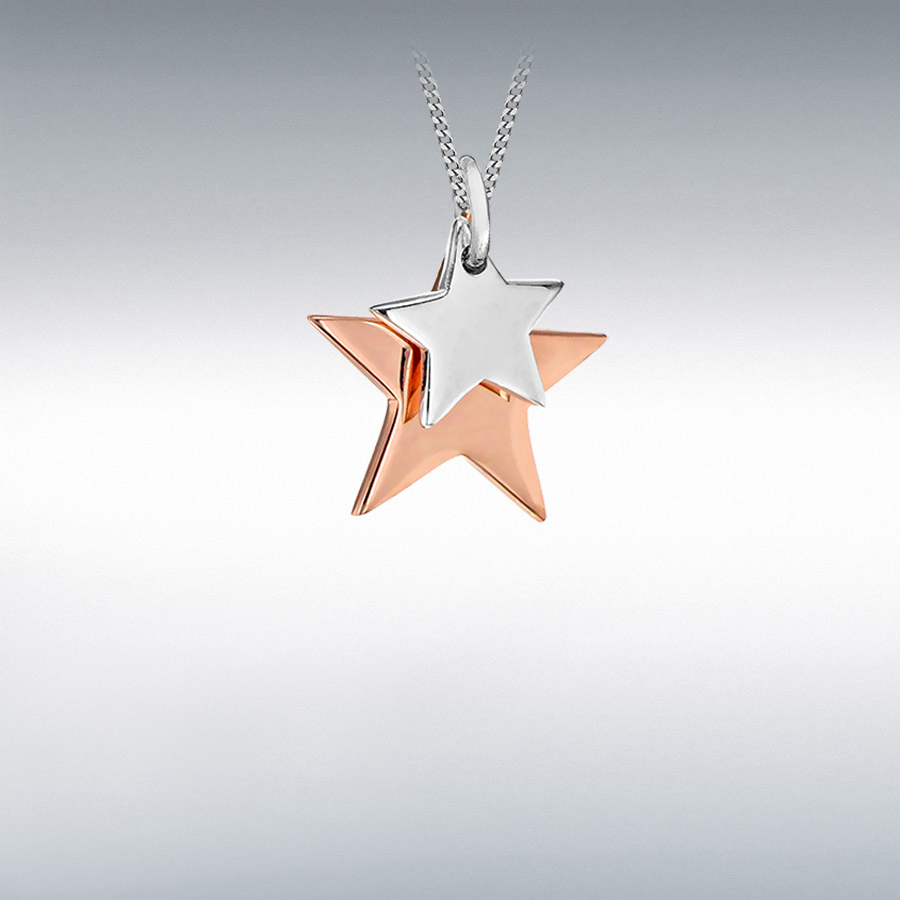 Sterling Silver 2-Colour Rose Gold Plated 14mm x 16.2mm Double-Star Pendant