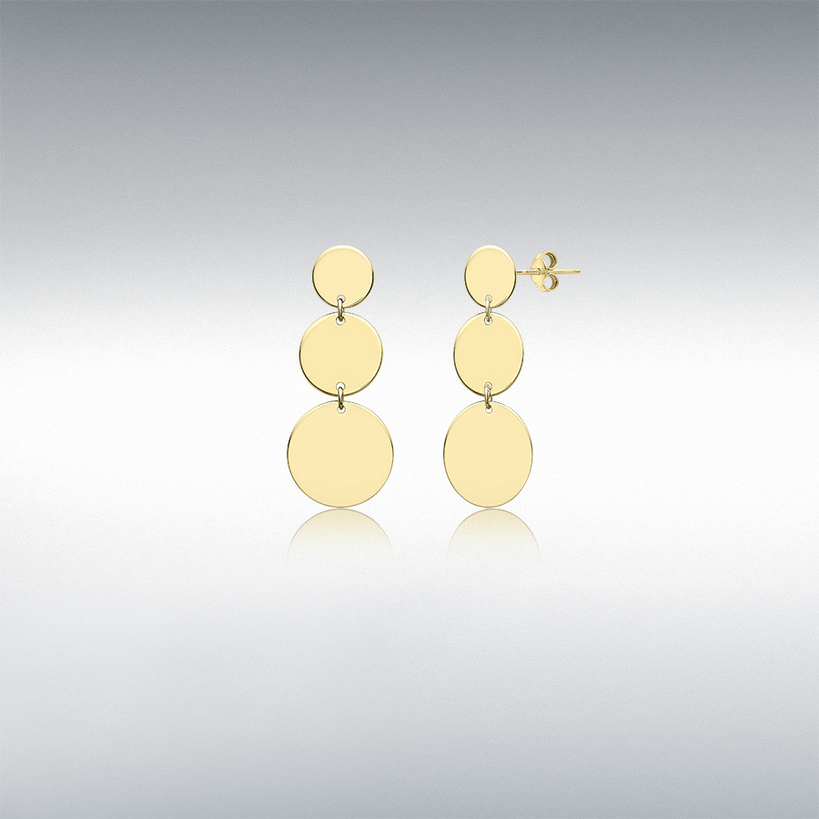 9ct Yellow Gold 10mm x 24.5mm 3-Graduated-Discs Drop Earrings