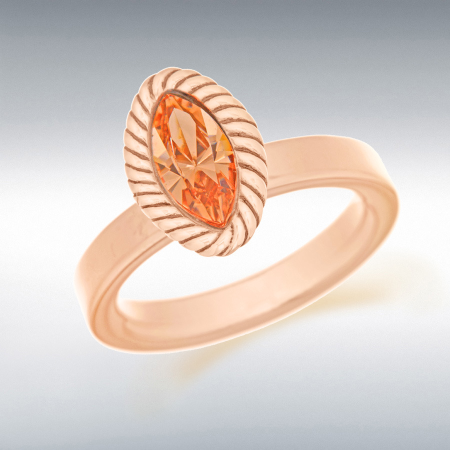 Sterling Silver Rose Gold Plated Marquise Peach Crystal Twist Stacking Ring