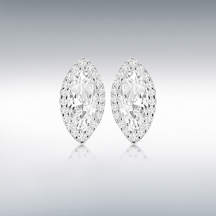 Sterling Silver White CZ 9.6mm x 18.3mm Marquise Stud Earrings