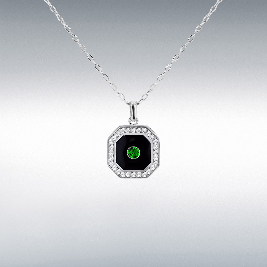 9CT WHITE GOLD BLACK ENAMEL WITH EMERALD AND DIAMONDS OCTAGON NECKLACE