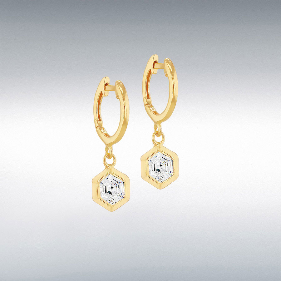 Sterling Silver Yellow Gold Plated 7mm Hexagon CZ Huggy Earring