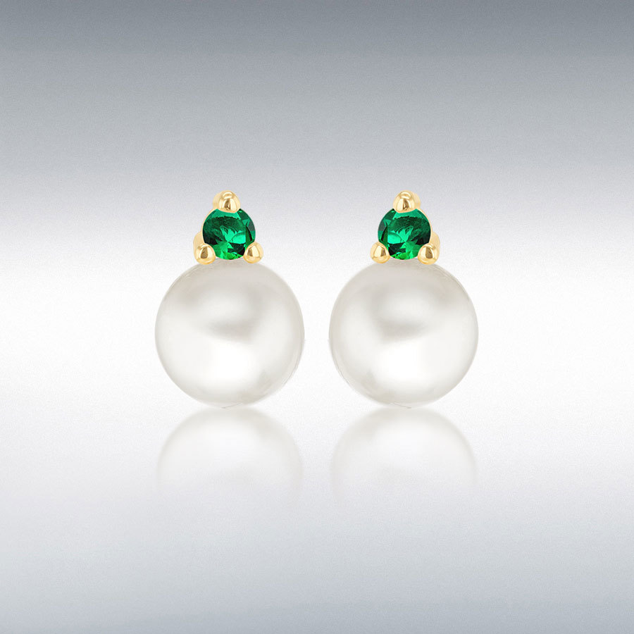 9ct Yellow Gold Fresh Water Pearls with Round Green CZ Stud Earrings