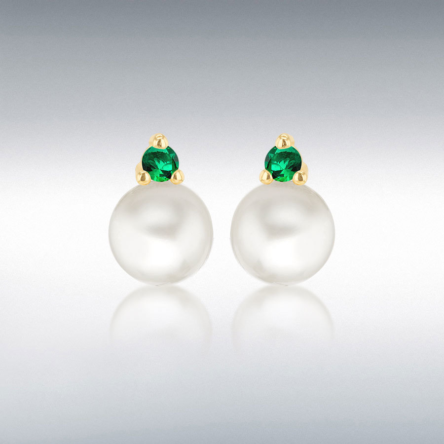 9ct Yellow Gold Fresh Water Pearls with Round Green CZ Stud Earrings