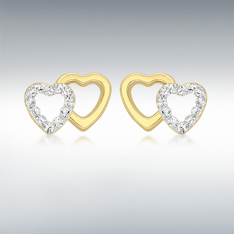 9ct Yellow Gold Pave Set CZ 11mm x 7mm Double Open-Heart Stud Earrings