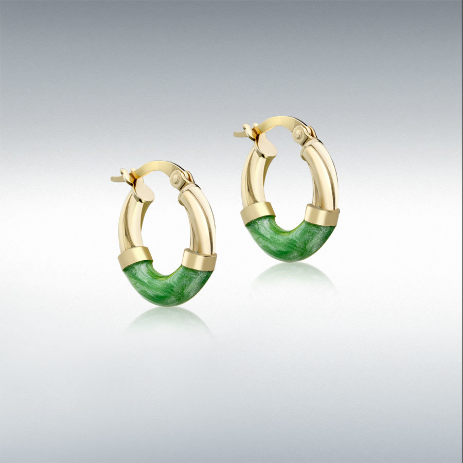 9ct Gold 16.5mm Green Enamel Slightly-Twisted-Tube Hoop Creole Earrings