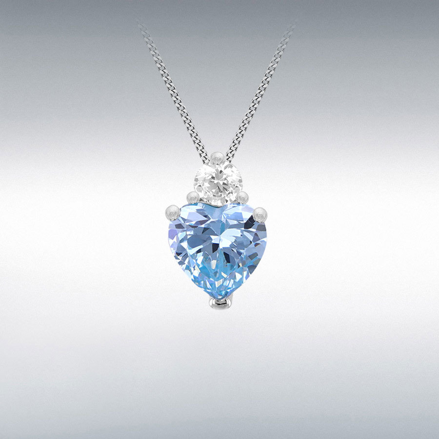 Sterling Silver Rhodium Plated 6mm Heart Shape Light Blue CZ with 3mm Round White CZ Pendant