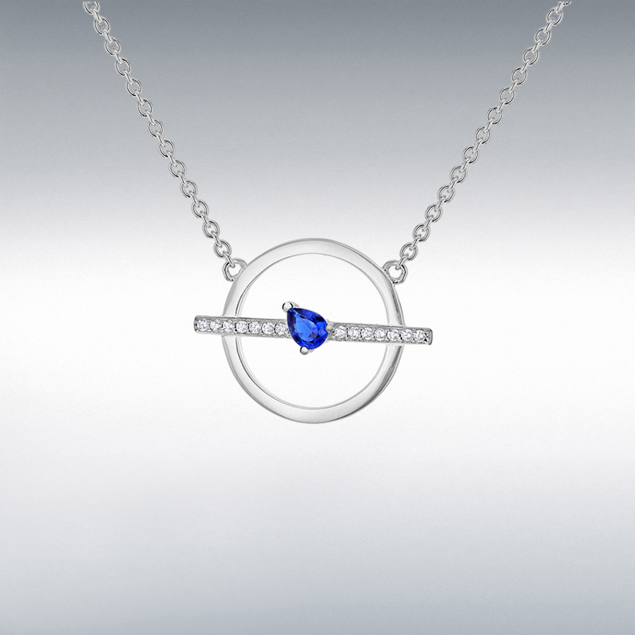 Sterling Silver Rhodium Plated Blue and White CZ 19.8mm x 15mm Circle & Bar Adjustable Necklace 42cm/16.5"-44.5cm/17.5"