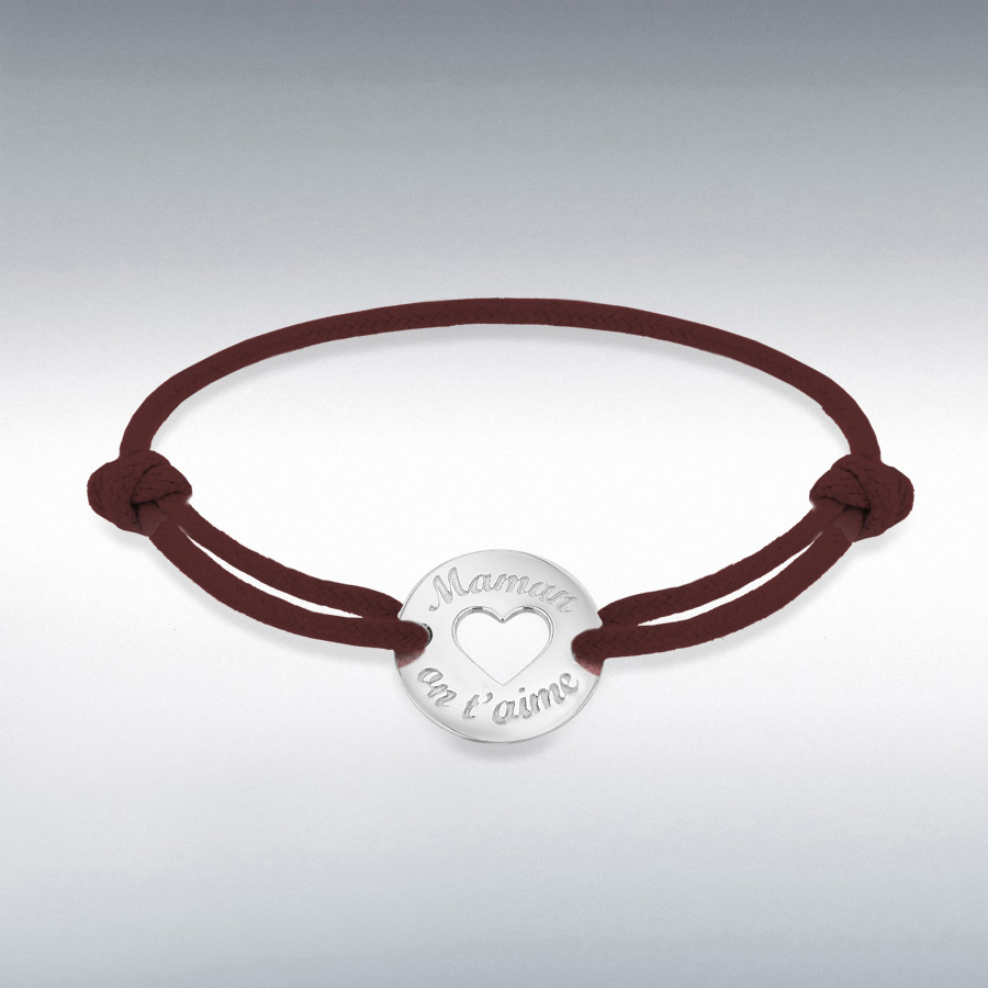 Sterling Silver Rhodium Plated Brown Cord 16.4mm 'Maman on t'aime' Disc Adjustable Bracelet