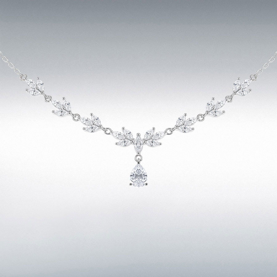 Sterling Silver Rhodium Plated White Marquise and Teardrop CZ Necklet 42cm/16.5"- 45cm/17.75"