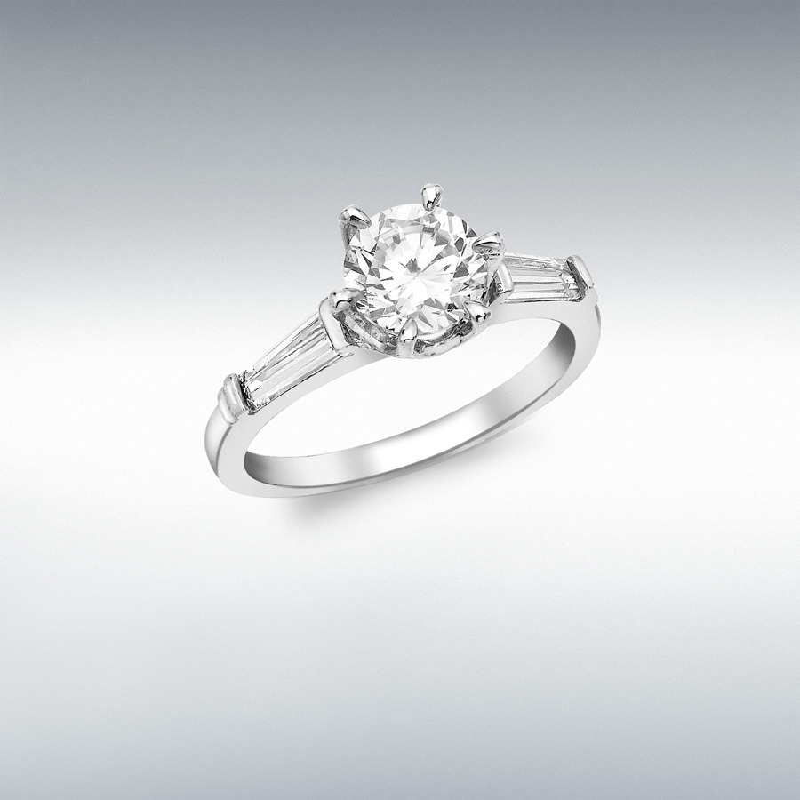 9ct White Gold 6mm Round CZ Solitaire and CZ Baguette Shoulder Ring