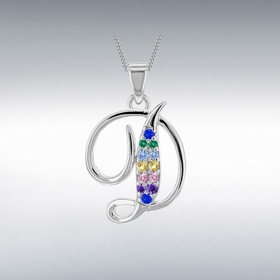 Sterling Silver Rhodium Plated with Multi-Coloured CZ Script D Initial Pendant