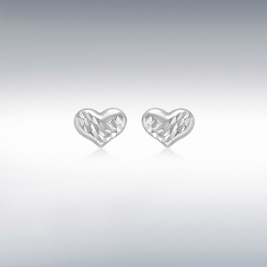 9ct White Gold Diamond Cut 7.5mm x 6mm Heart Stud Earrings