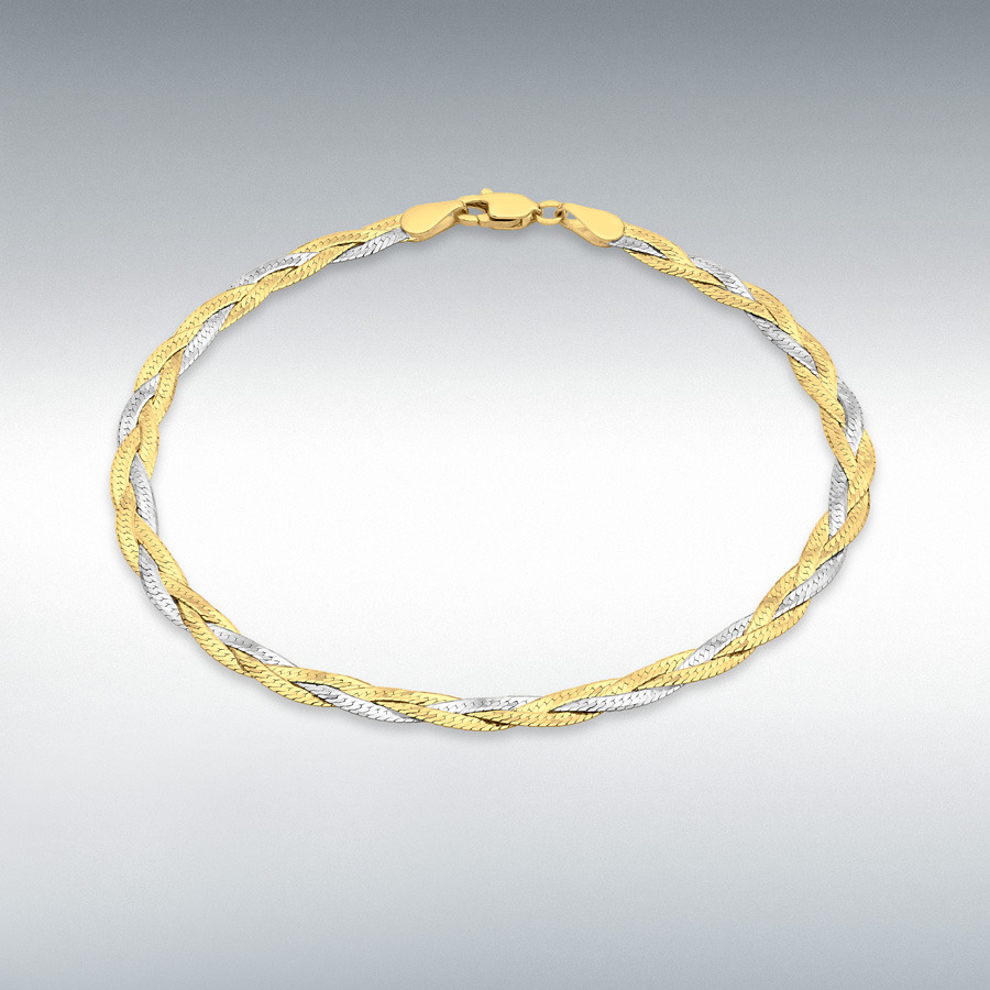 9ct 2-Colour Gold 3mm Diamond Cut 3-Plait Herringbone Bracelet 19cm/7.5"