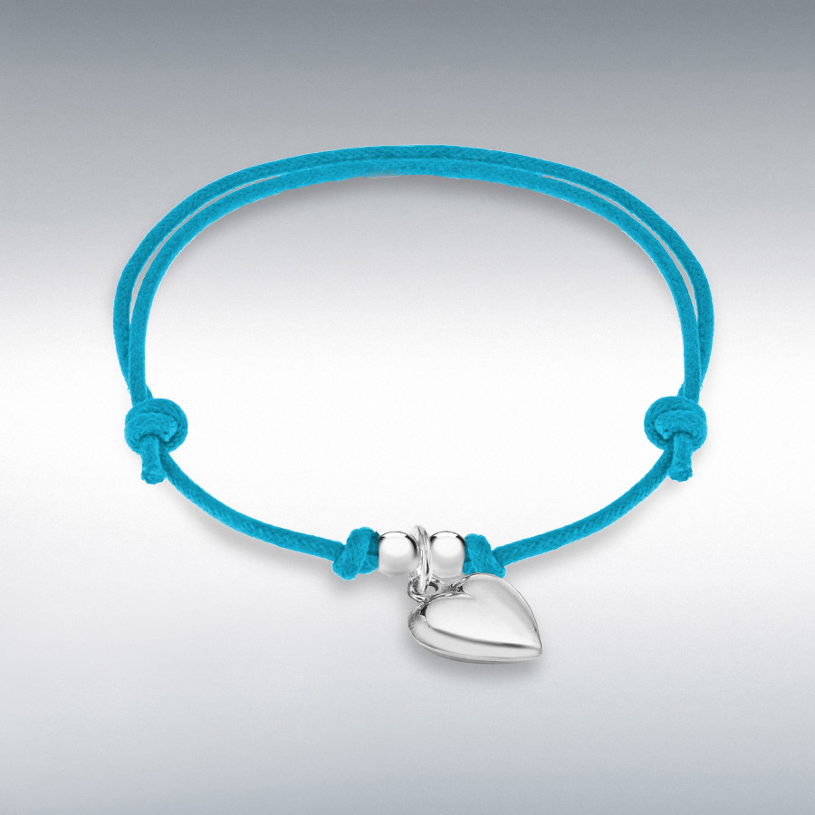 Sterling Silver Heart Blue Cord Adjustable Bracelet 15cm/6"-25.5cm/10"