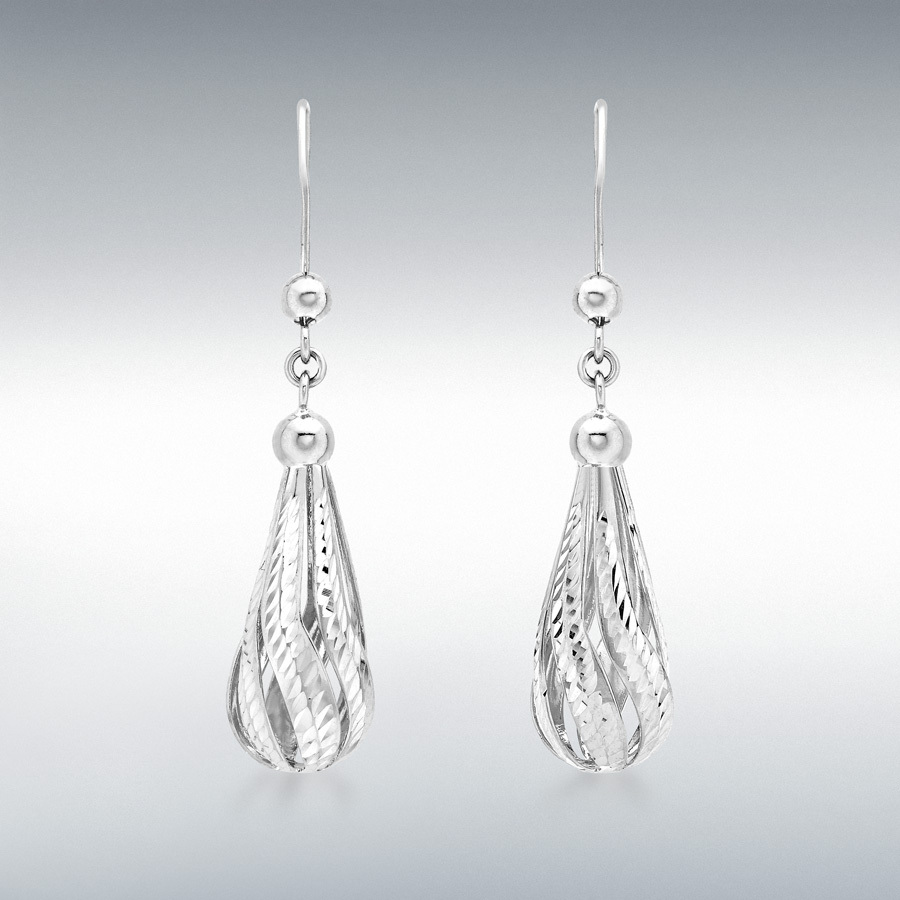 9ct White Gold 8.5mm x 38.5mm Diamond Cut Teardrop Earrings