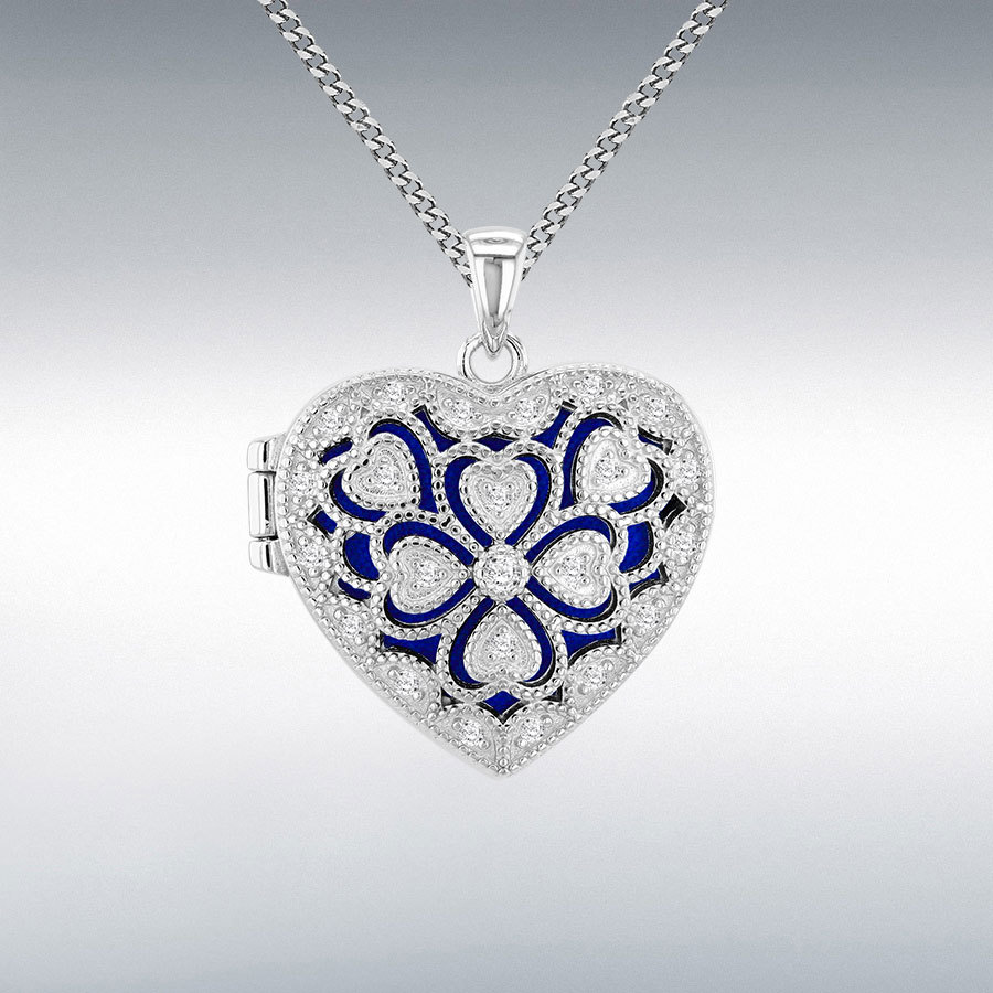 Sterling Silver Rhodium Plated 25mm x 30mm Filigree Heart Locket with CZ Pendant