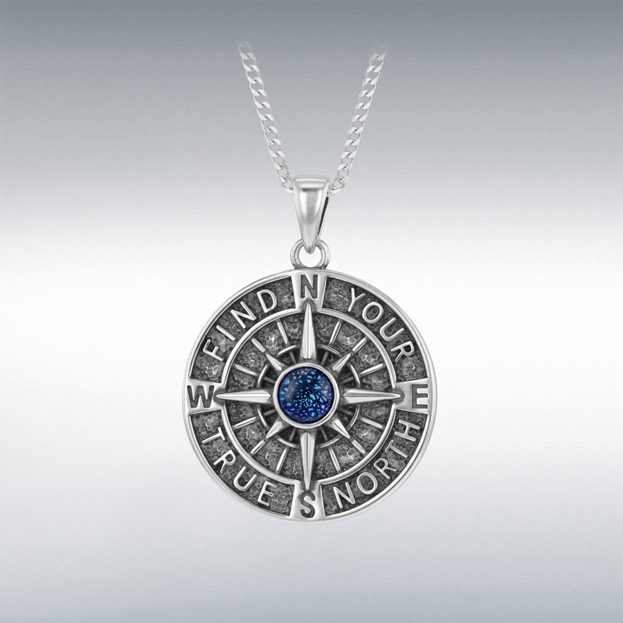 Sterling Silver 5mm Round Blue Aurora Glass "Find Your True North" Compass Pendant