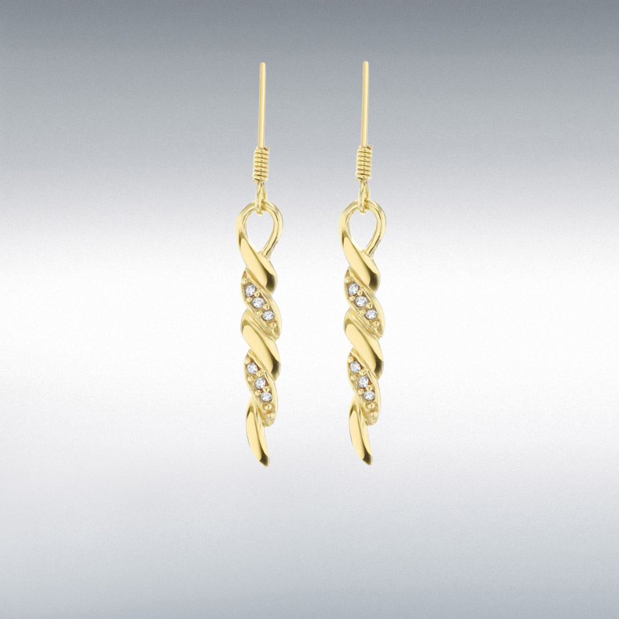 Sterling Silver 1 Micron Yellow Gold Plated White Crystal 4.1mm x 38.8mm Twist Bar Drop Earrings