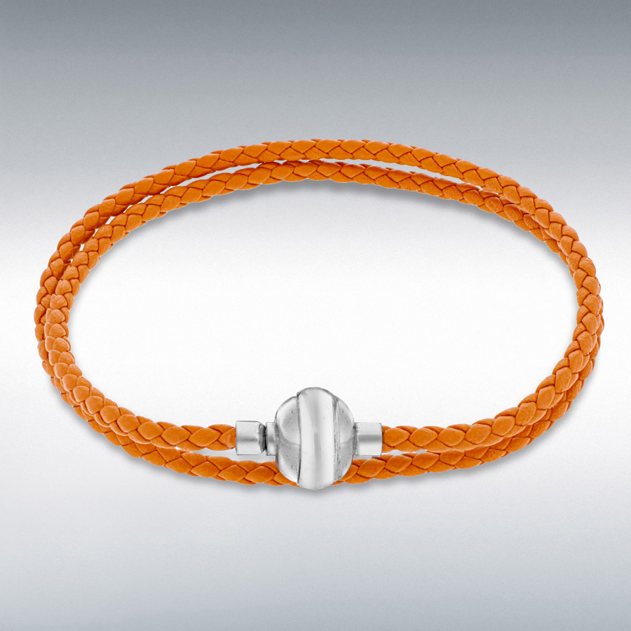 Sterling Silver Orange Plaited Leather Wrap Bracelet 41cm/16"
