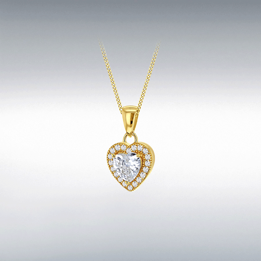 Sterling Silver Yellow Gold Plated CZ 10mm x 17.5mm Heart Pendant