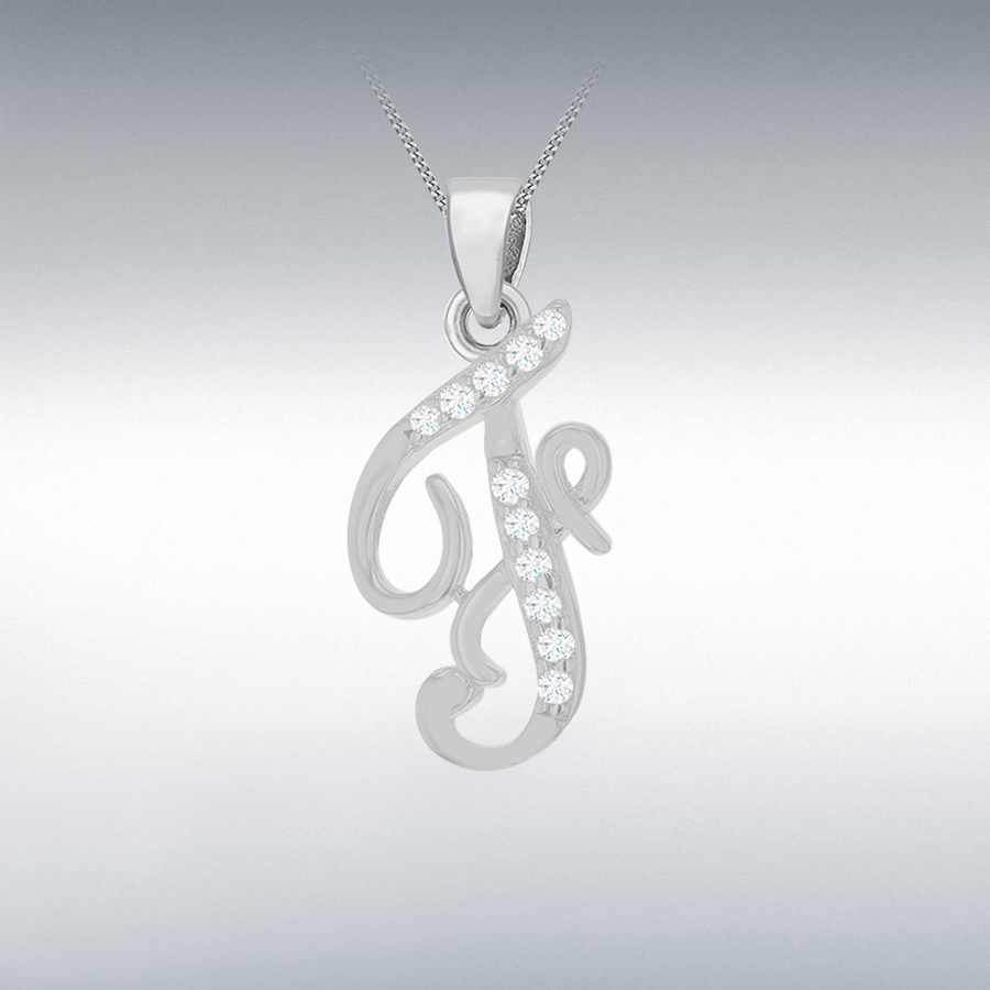  Sterling Silver Rhodium Plated CZ 9mm x 19mm Script 'F' Initial Pendant