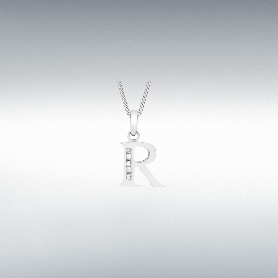 9ct White Gold CZ 10mm x 12mm 'R' Initial Pendant