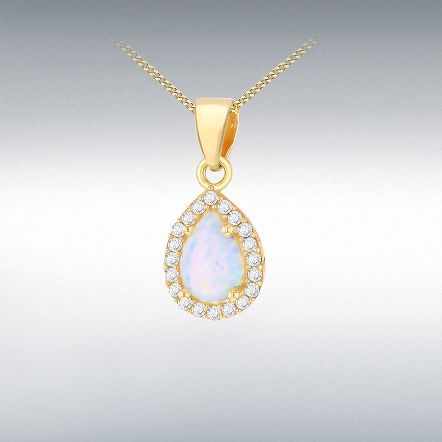 9ct Yellow Gold 8mm x 17mm Teardrop Halo Opal with CZ Pendant