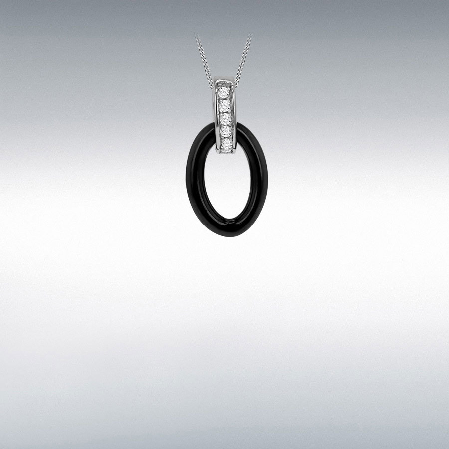 Sterling Silver Rhodium Plated CZ Black Ceramic Oval Pendant
