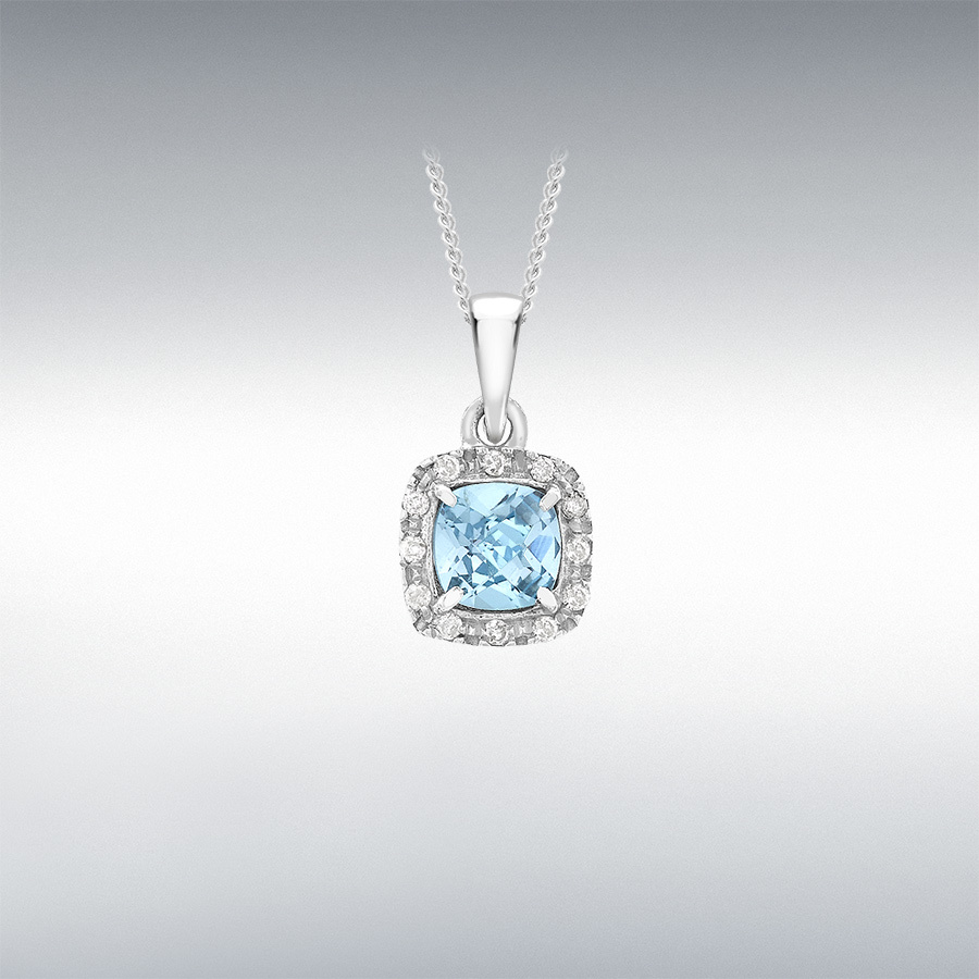 9ct White Gold 0.05ct Diamond and Cushion Cut Blue Topaz 8mm x 14mm Pendant