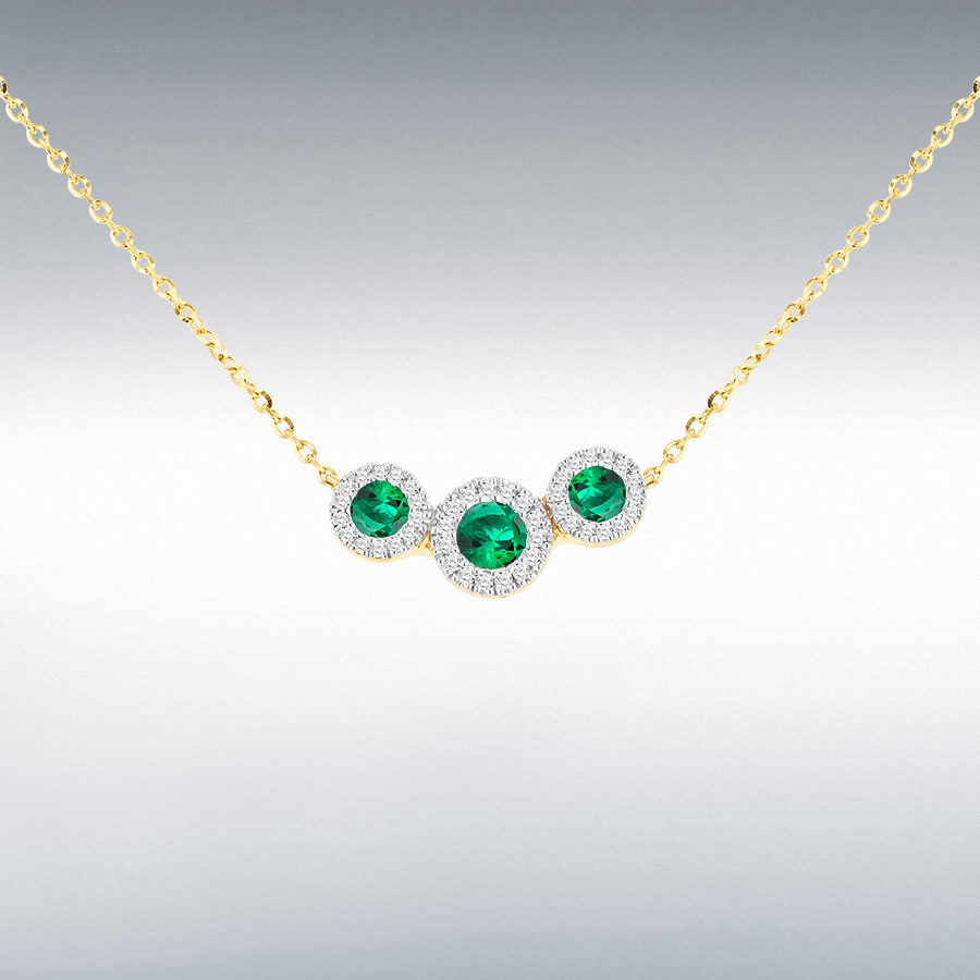 9CT Yellow Gold 7mm x 15mm Trinity Pendant with Lab Emeralds and Diamonds Necklace 43cm/17"-46cm/18"