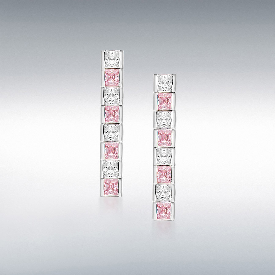 Sterling Silver Pink and White CZ Tennis Drop Earrings